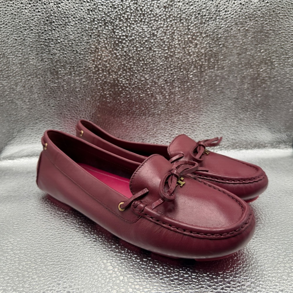 Size 8.5 Tory Burch Driving Loafers Womens Burgundy Excellent Leather Bow Logo